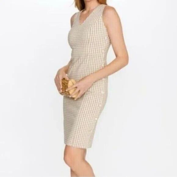 J. McLaughlin Paulson Gingham Dress Women’s 4 Sheath Tan White Sleeveless Mini - Picture 1 of 9